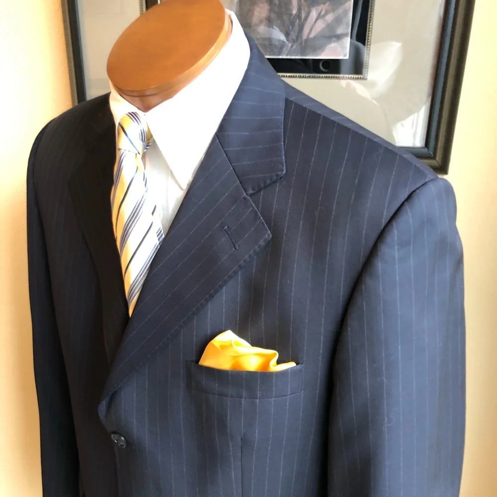 Emilio Yuste Wool 2 Piece Navy Blue Pinstripe Suit Size 42R Slacks W35” L29.5”